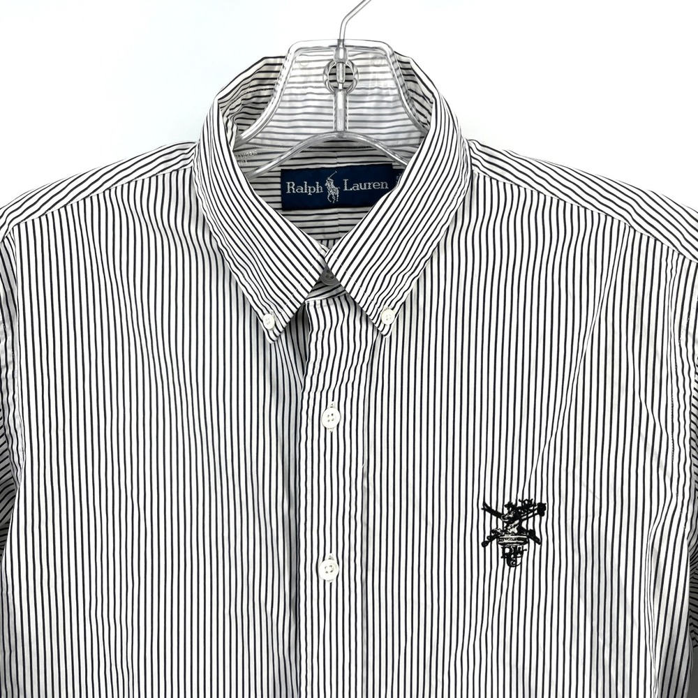 Ralph Lauren Mens Medium Striped Button Shirt‎ Black White Crest Logo Stag Skis